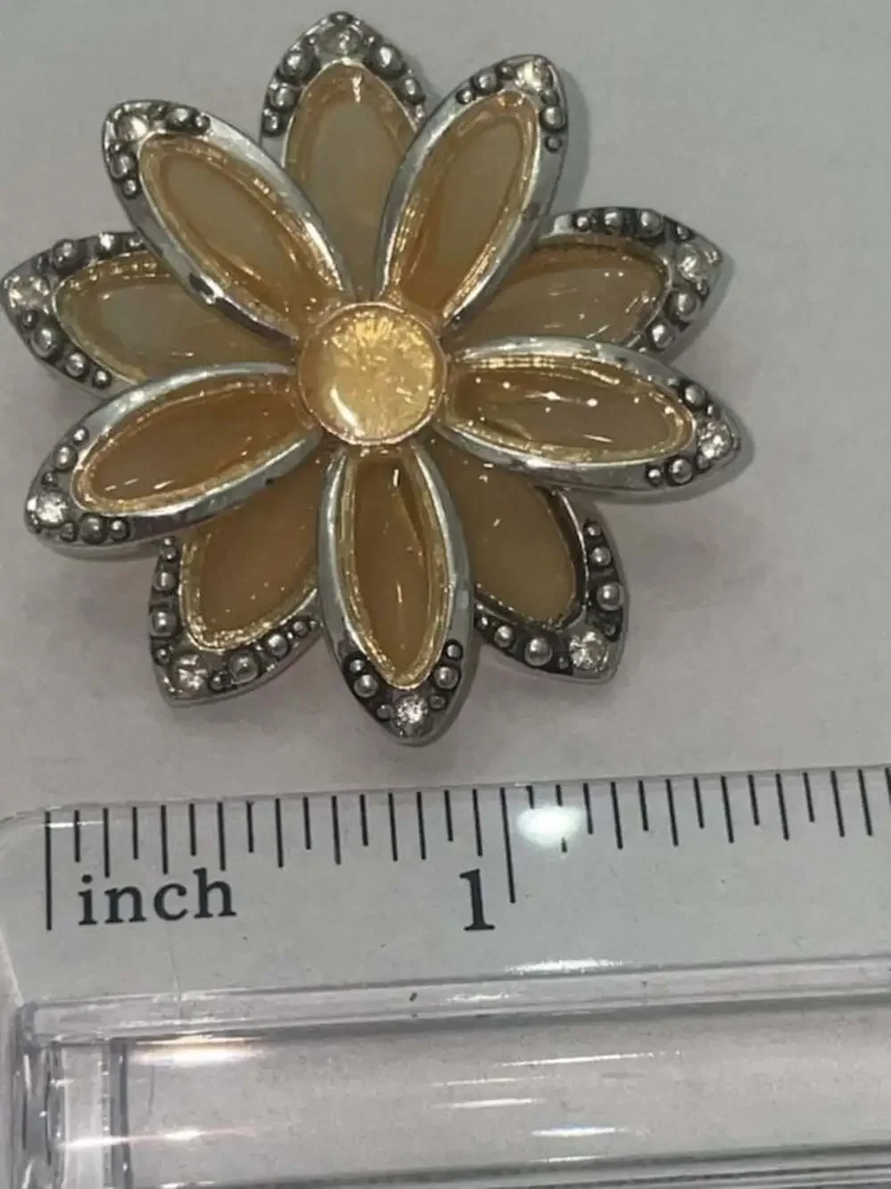 Silver Tone Flower Brooch with Yellow Enamel and Rhinestones